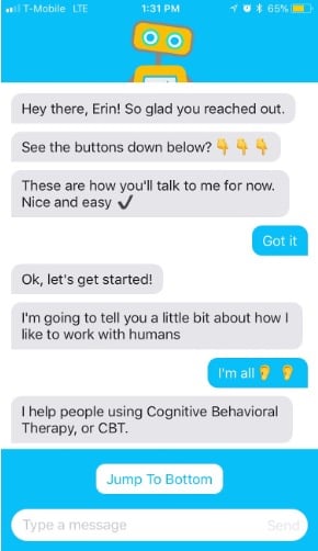 Sample conversation with Woebot, a mental health chatbot  trained in CBT. Photo credit to Erin Brodwin from Insider News